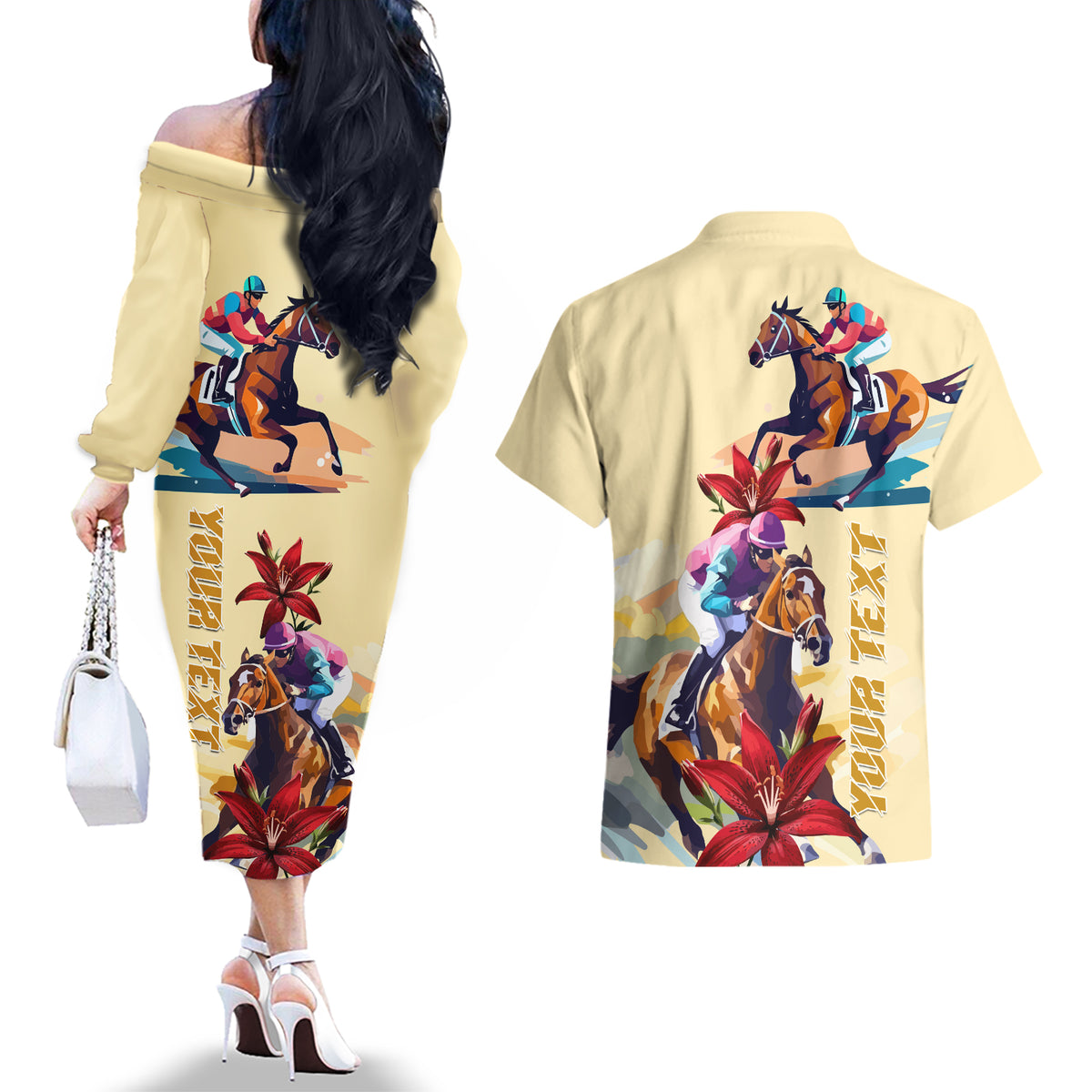 Kentucky Couples Matching Off The Shoulder Long Sleeve Dress and Hawaiian Shirt Horse Racing Lily Stargazer - Wonder Print Shop