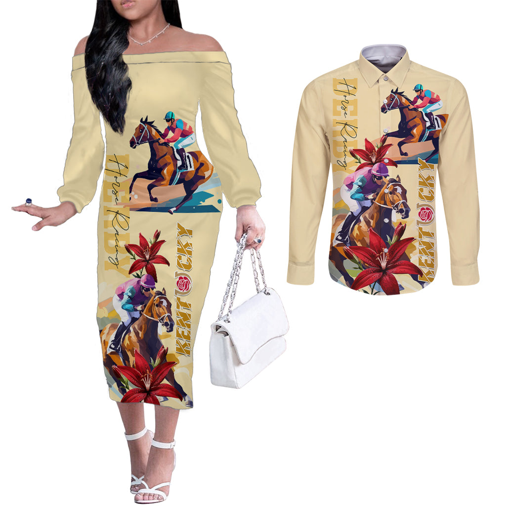 Kentucky Derby Couples Matching Off The Shoulder Long Sleeve Dress and Long Sleeve Button Shirt Horse Racing Lily Stargazer