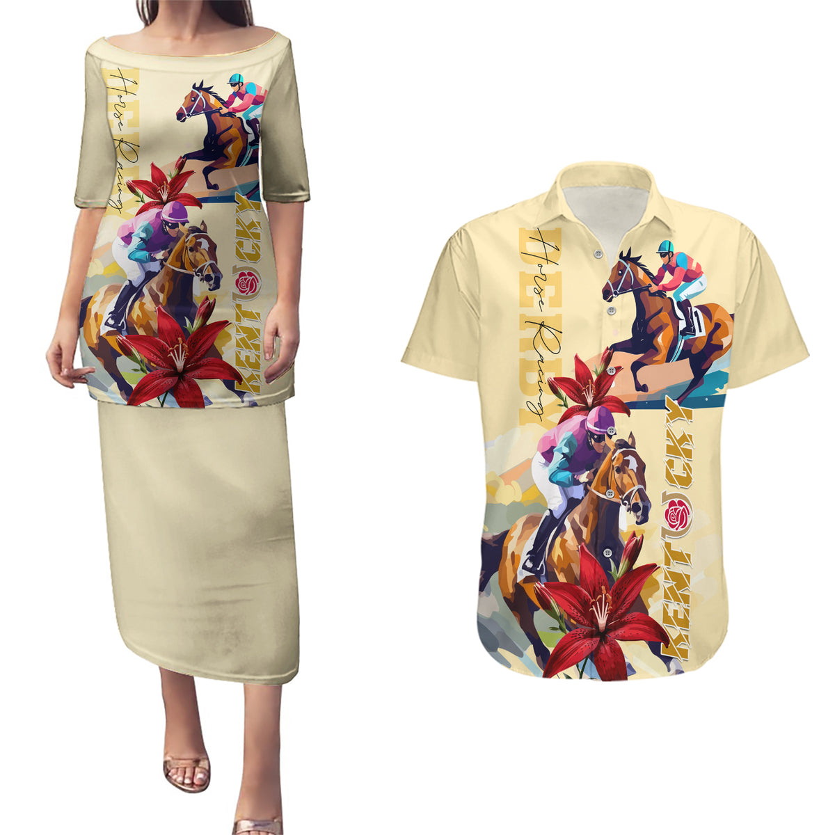 Kentucky Couples Matching Puletasi and Hawaiian Shirt Horse Racing Lily Stargazer - Wonder Print Shop