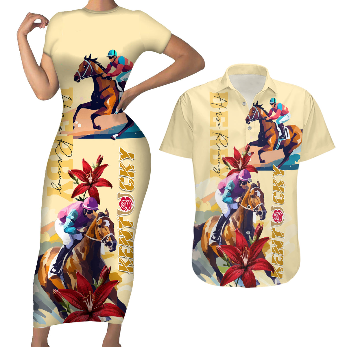 Kentucky Couples Matching Short Sleeve Bodycon Dress and Hawaiian Shirt Horse Racing Lily Stargazer - Wonder Print Shop