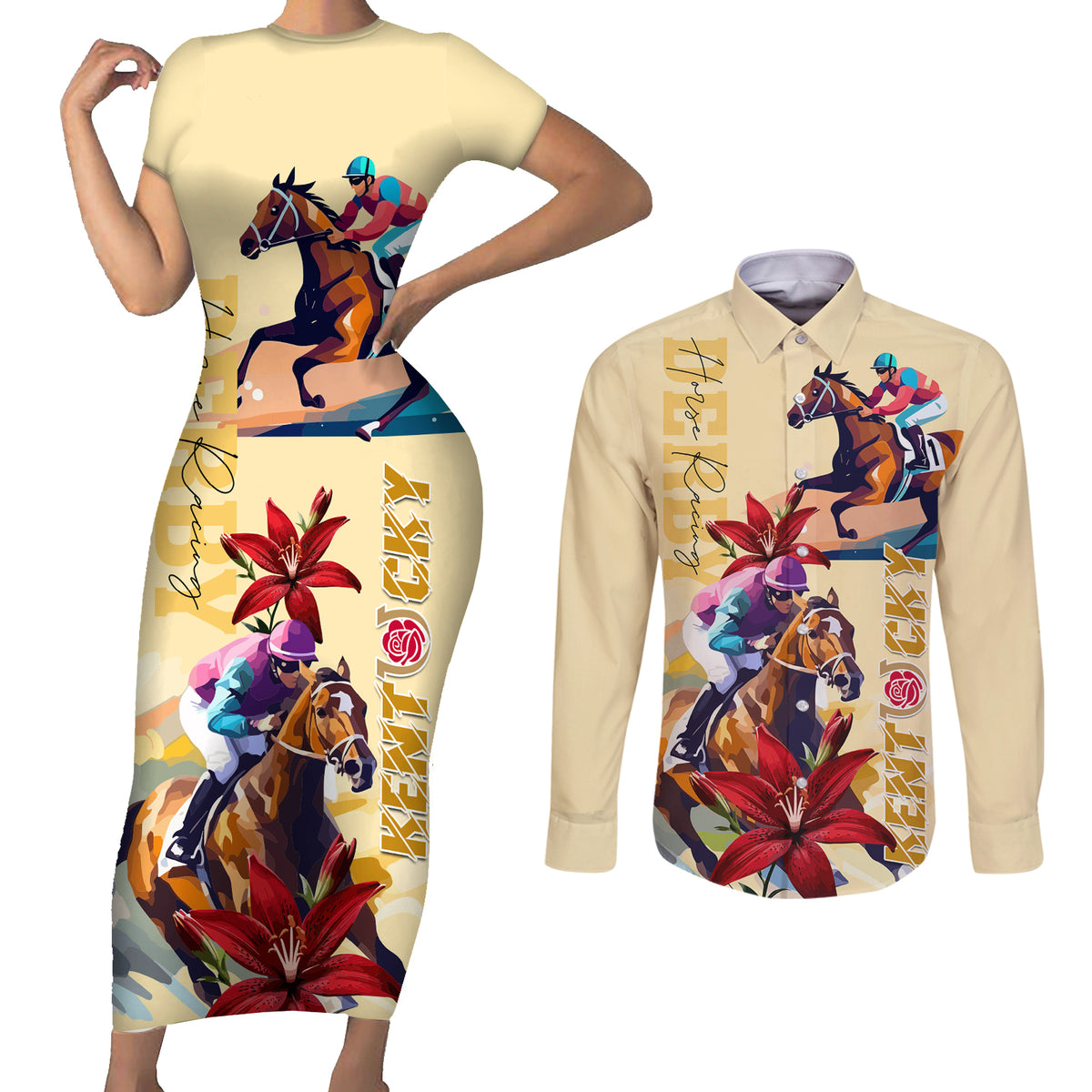 Kentucky Couples Matching Short Sleeve Bodycon Dress and Long Sleeve Button Shirt Horse Racing Lily Stargazer - Wonder Print Shop