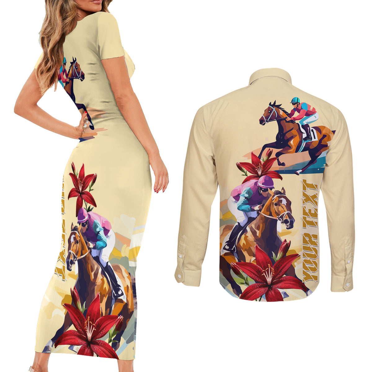 Kentucky Couples Matching Short Sleeve Bodycon Dress and Long Sleeve Button Shirt Horse Racing Lily Stargazer - Wonder Print Shop
