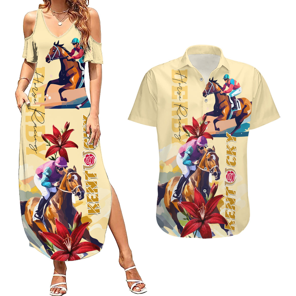 Kentucky Couples Matching Summer Maxi Dress and Hawaiian Shirt Horse Racing Lily Stargazer - Wonder Print Shop