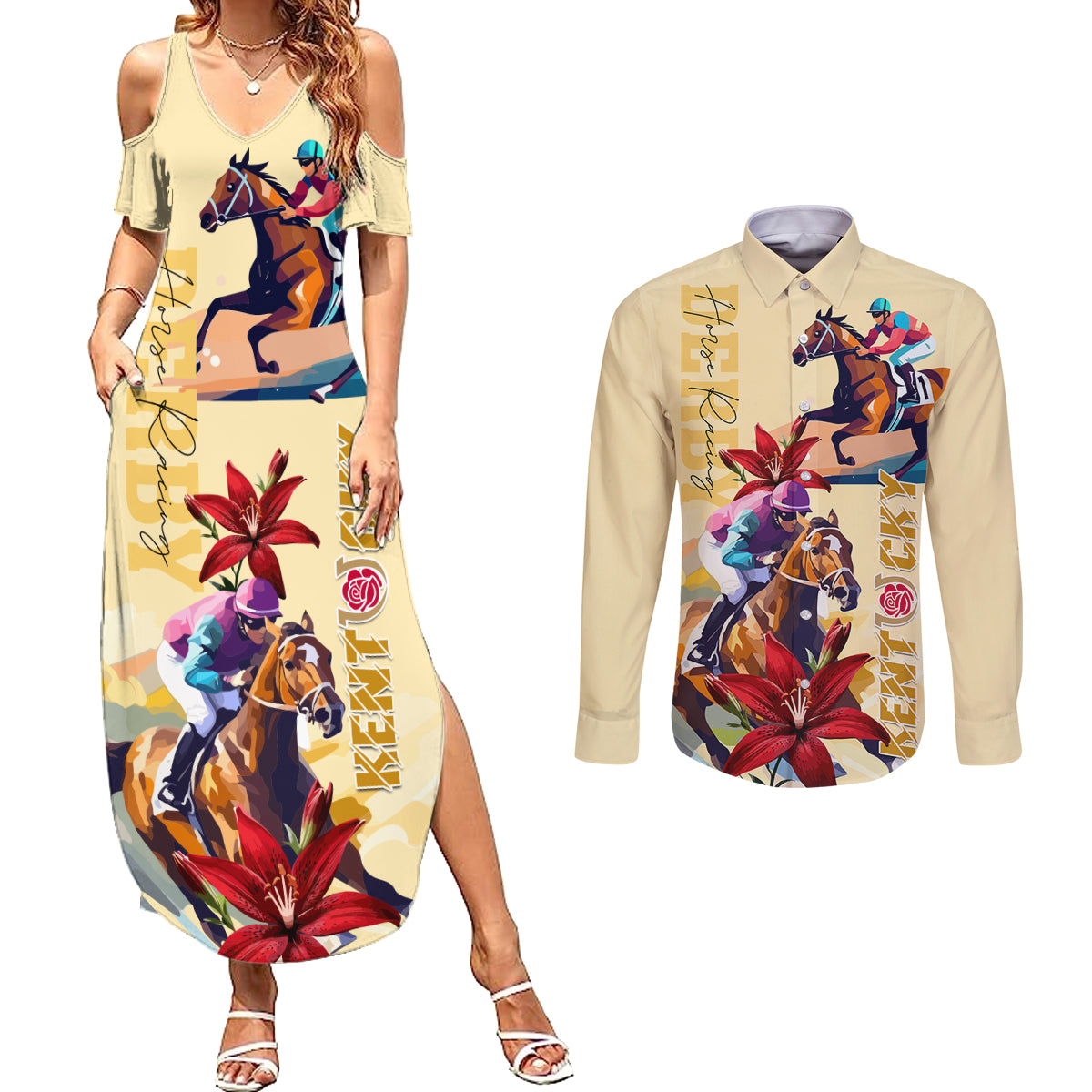 Kentucky Couples Matching Summer Maxi Dress and Long Sleeve Button Shirt Horse Racing Lily Stargazer - Wonder Print Shop