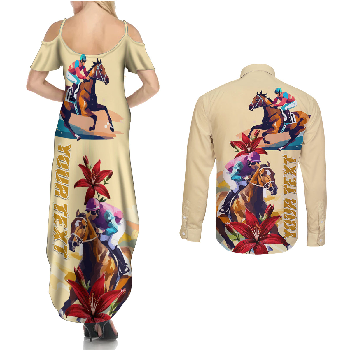 Kentucky Couples Matching Summer Maxi Dress and Long Sleeve Button Shirt Horse Racing Lily Stargazer - Wonder Print Shop