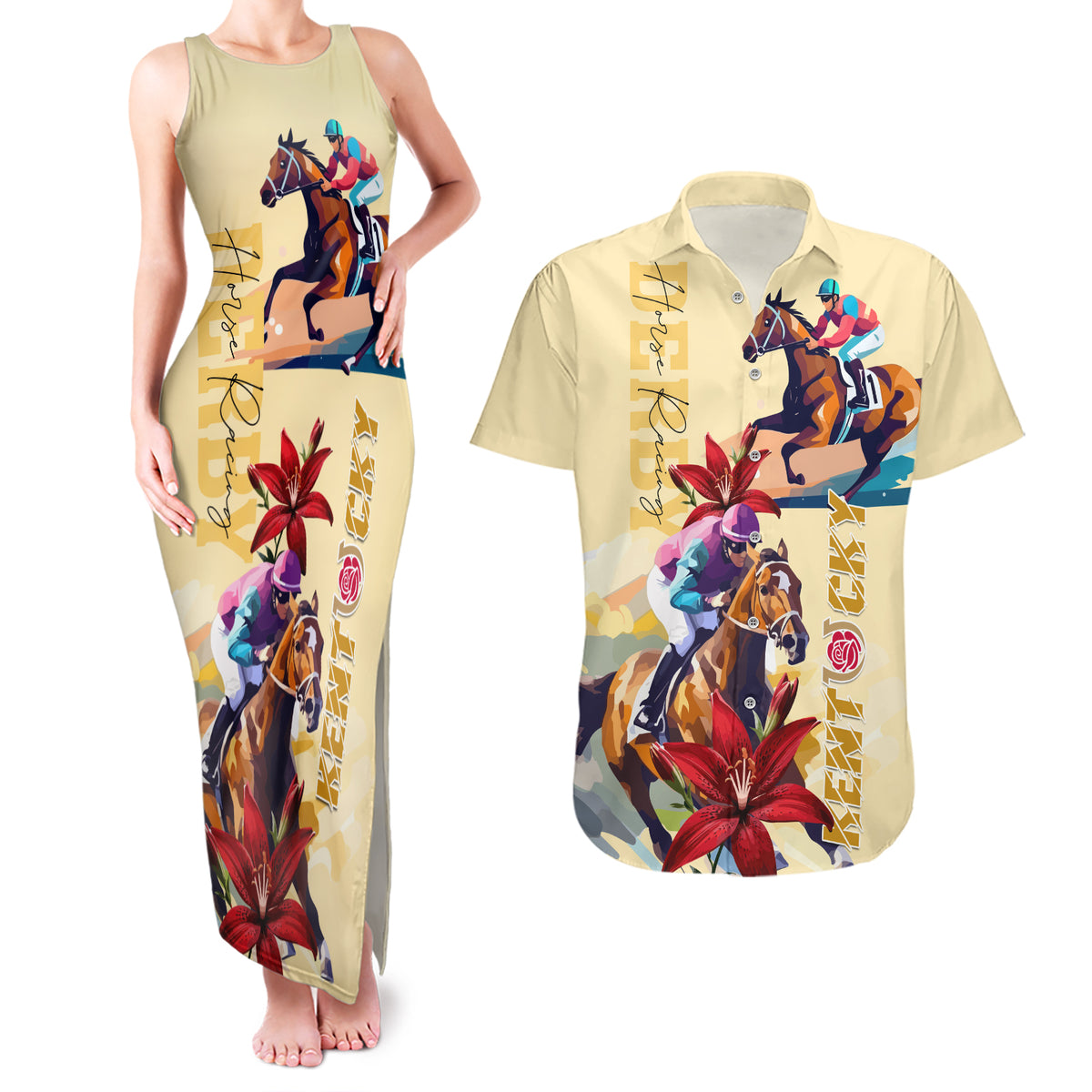 Kentucky Couples Matching Tank Maxi Dress and Hawaiian Shirt Horse Racing Lily Stargazer - Wonder Print Shop