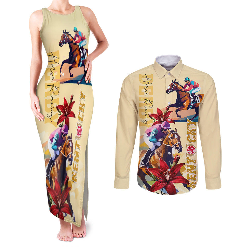 Kentucky Couples Matching Tank Maxi Dress and Long Sleeve Button Shirt Horse Racing Lily Stargazer - Wonder Print Shop