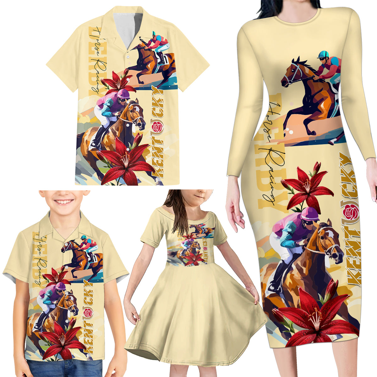 Kentucky Family Matching Long Sleeve Bodycon Dress and Hawaiian Shirt Horse Racing Lily Stargazer - Wonder Print Shop