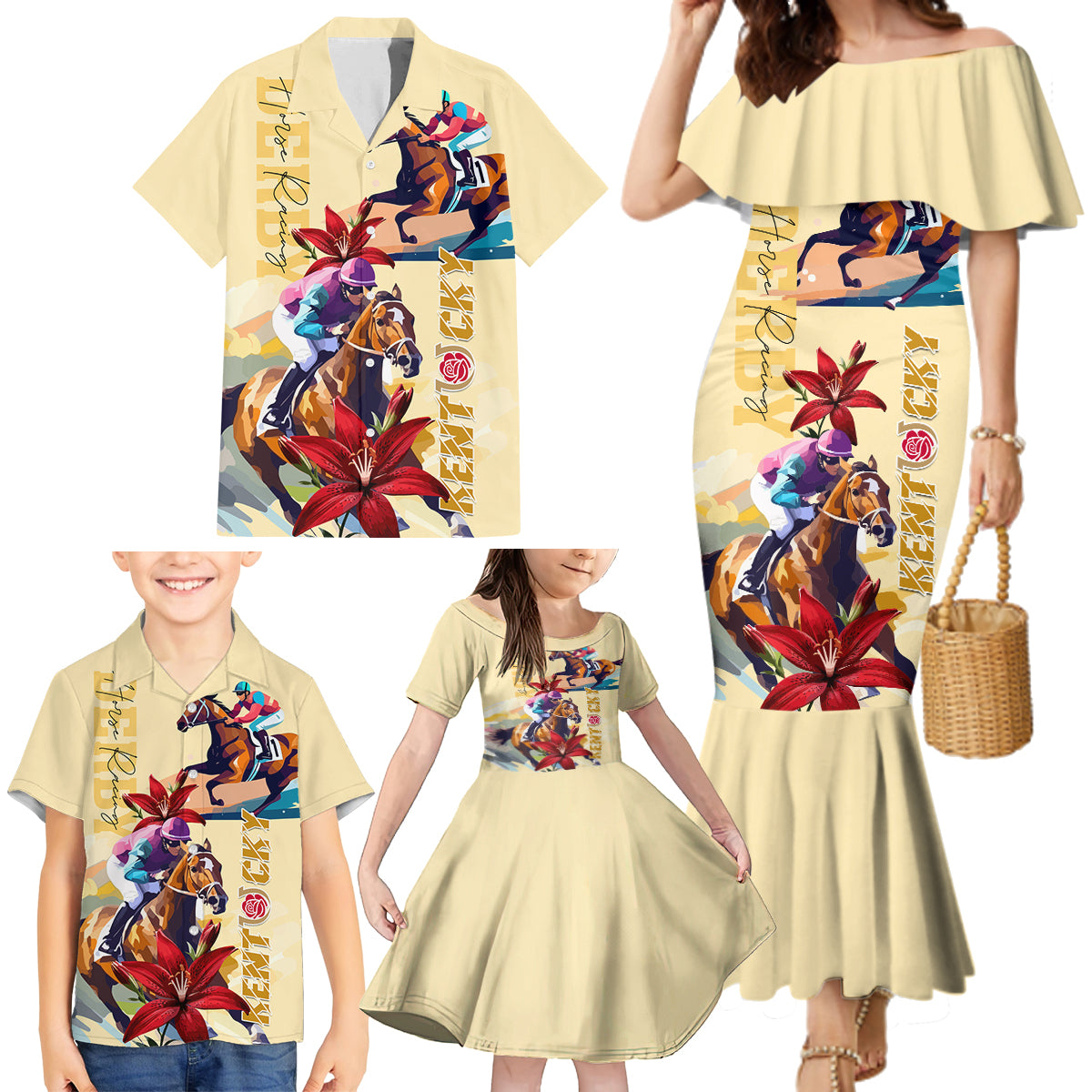 Kentucky Family Matching Mermaid Dress and Hawaiian Shirt Horse Racing Lily Stargazer - Wonder Print Shop