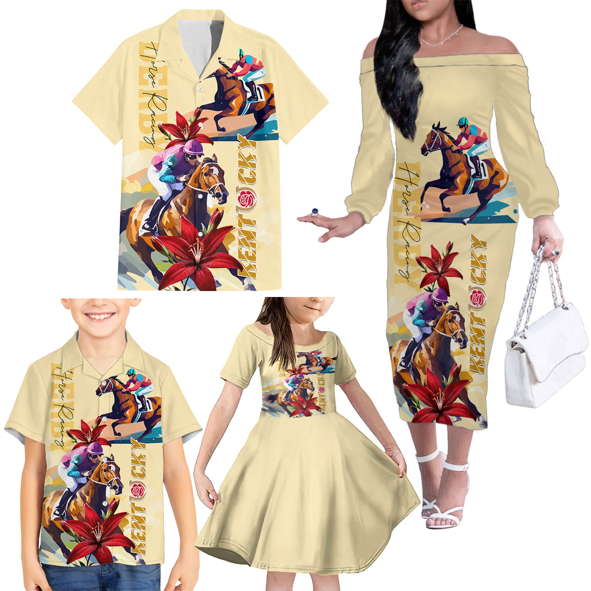 Kentucky Family Matching Off Shoulder Long Sleeve Dress and Hawaiian Shirt Horse Racing Lily Stargazer - Wonder Print Shop