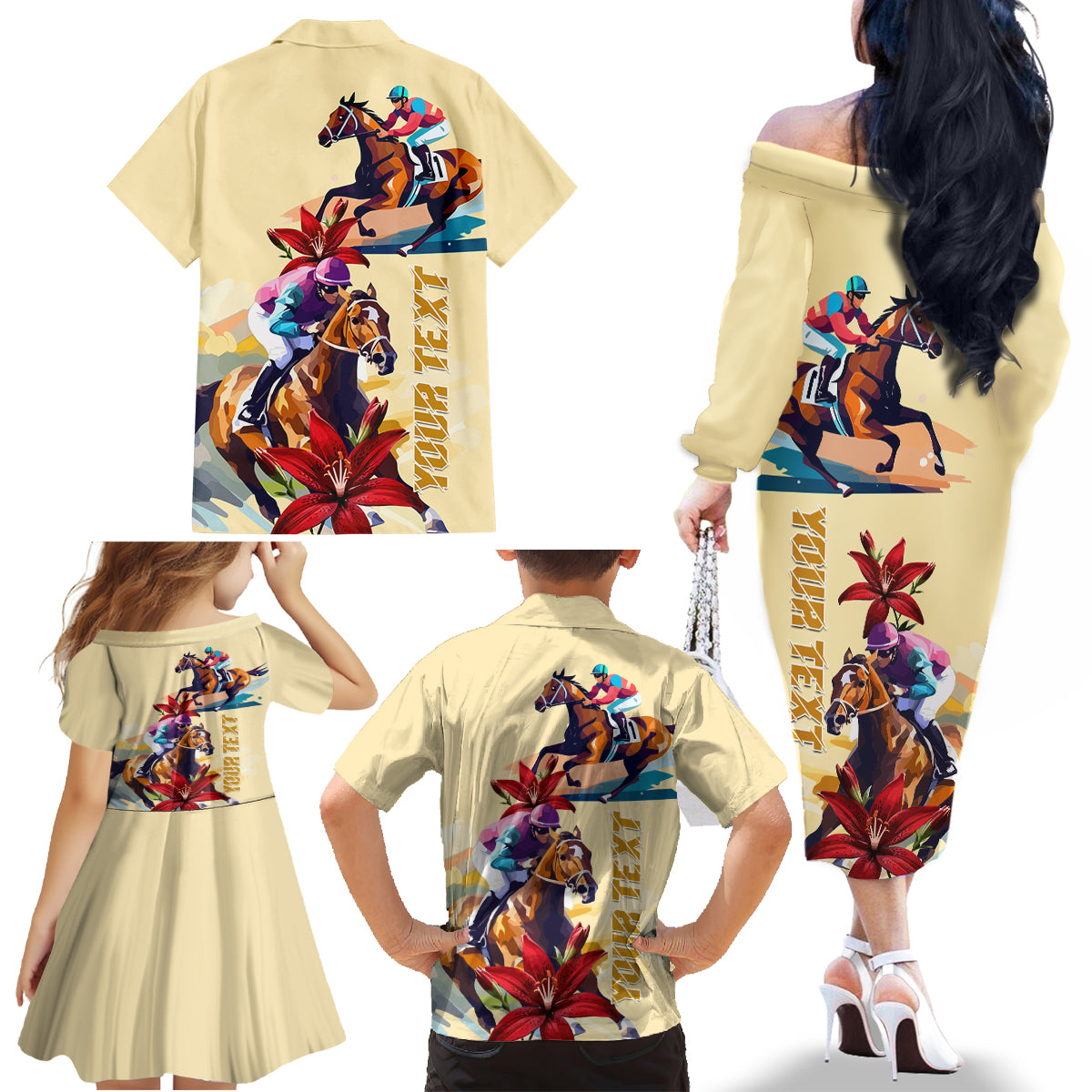 Kentucky Family Matching Off Shoulder Long Sleeve Dress and Hawaiian Shirt Horse Racing Lily Stargazer - Wonder Print Shop