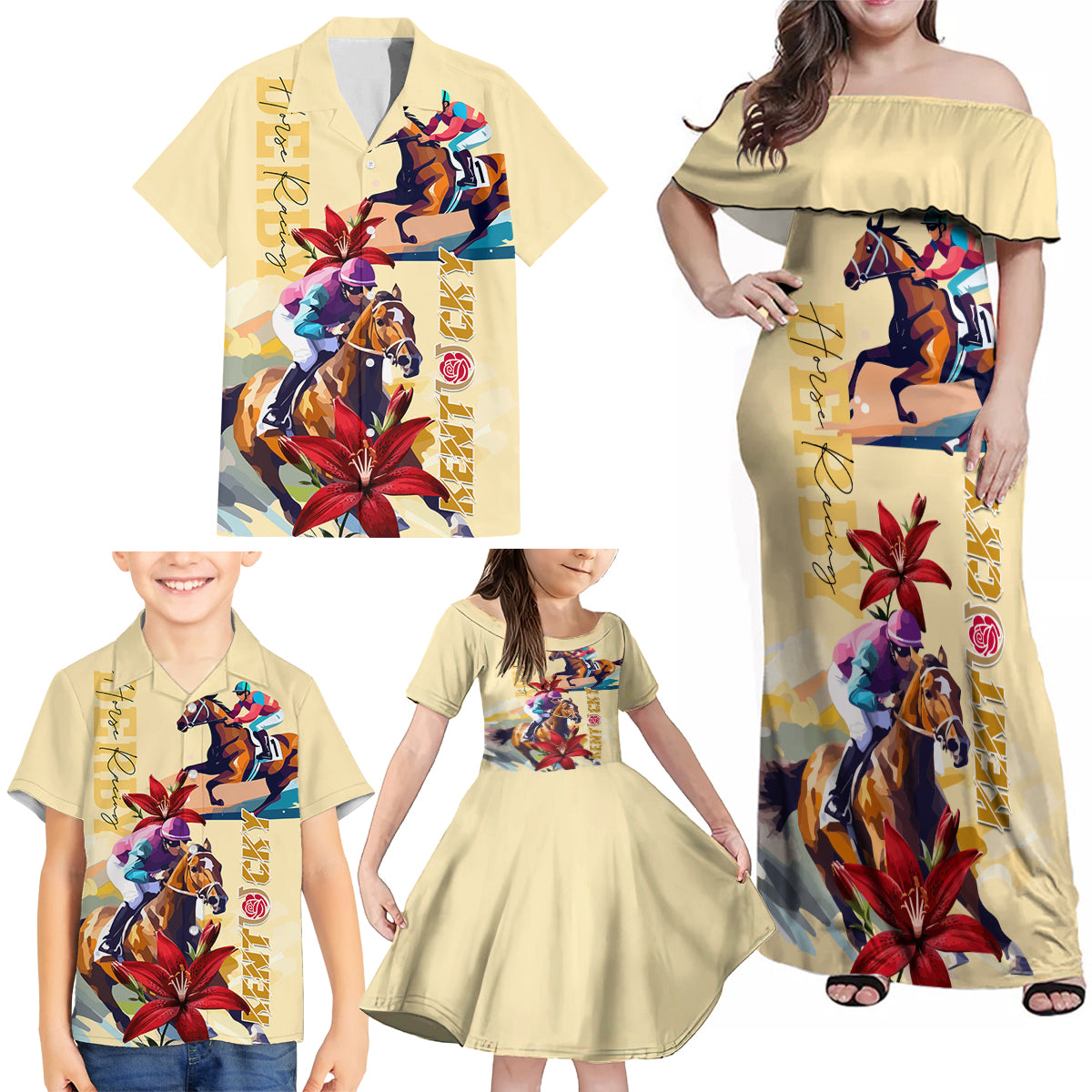 Kentucky Family Matching Off Shoulder Maxi Dress and Hawaiian Shirt Horse Racing Lily Stargazer - Wonder Print Shop