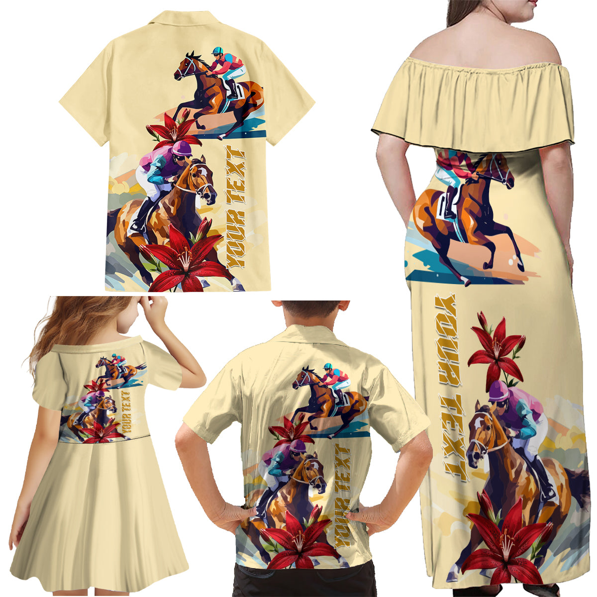 Kentucky Family Matching Off Shoulder Maxi Dress and Hawaiian Shirt Horse Racing Lily Stargazer - Wonder Print Shop