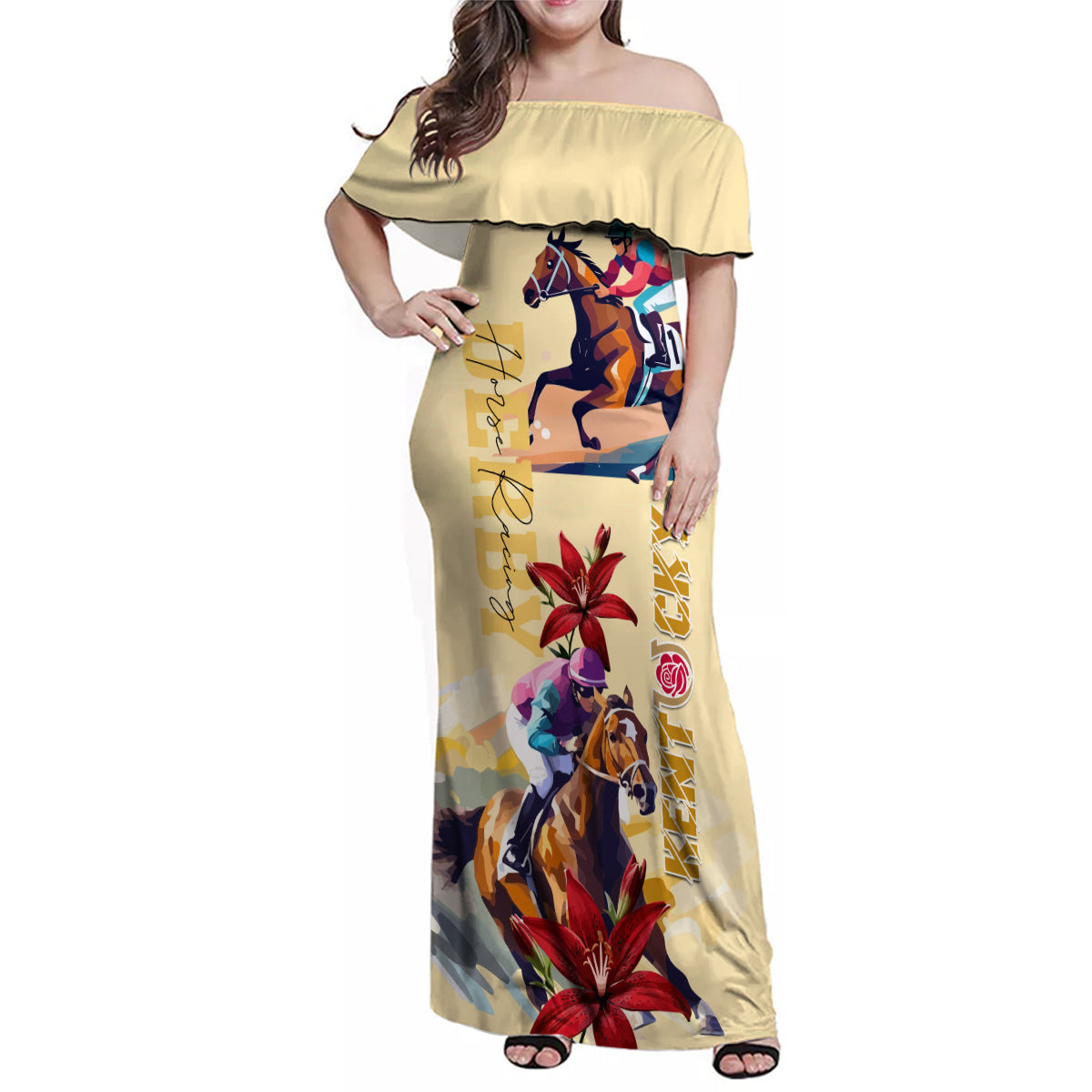 Kentucky Family Matching Off Shoulder Maxi Dress and Hawaiian Shirt Horse Racing Lily Stargazer - Wonder Print Shop