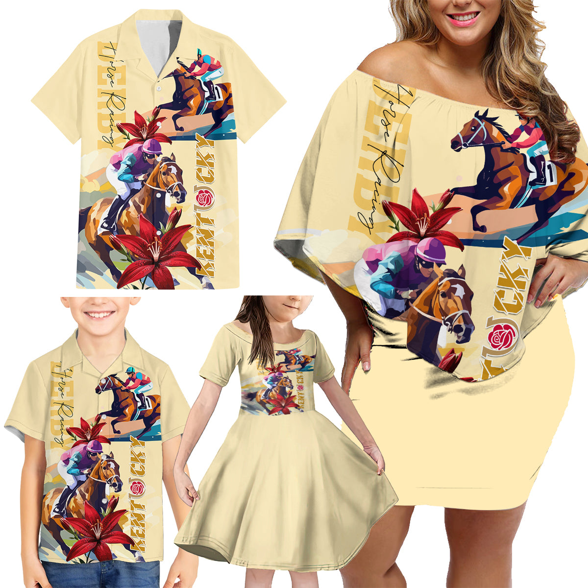 Kentucky Family Matching Off Shoulder Short Dress and Hawaiian Shirt Horse Racing Lily Stargazer - Wonder Print Shop