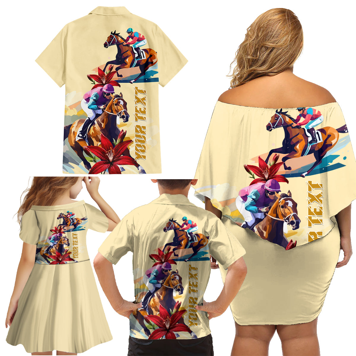 Kentucky Family Matching Off Shoulder Short Dress and Hawaiian Shirt Horse Racing Lily Stargazer - Wonder Print Shop