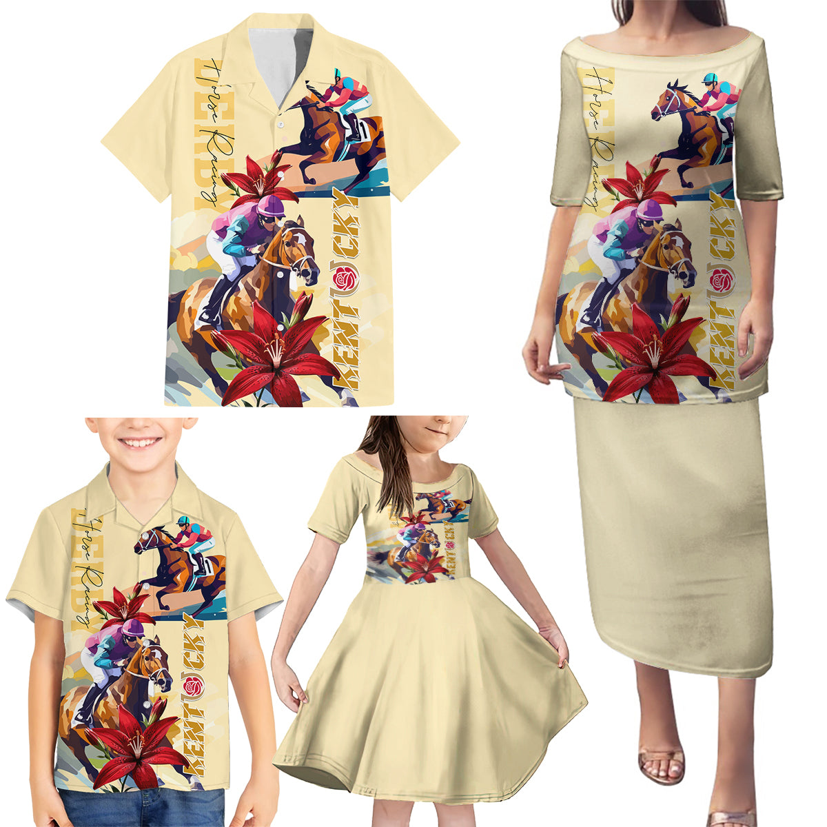Kentucky Family Matching Puletasi and Hawaiian Shirt Horse Racing Lily Stargazer - Wonder Print Shop