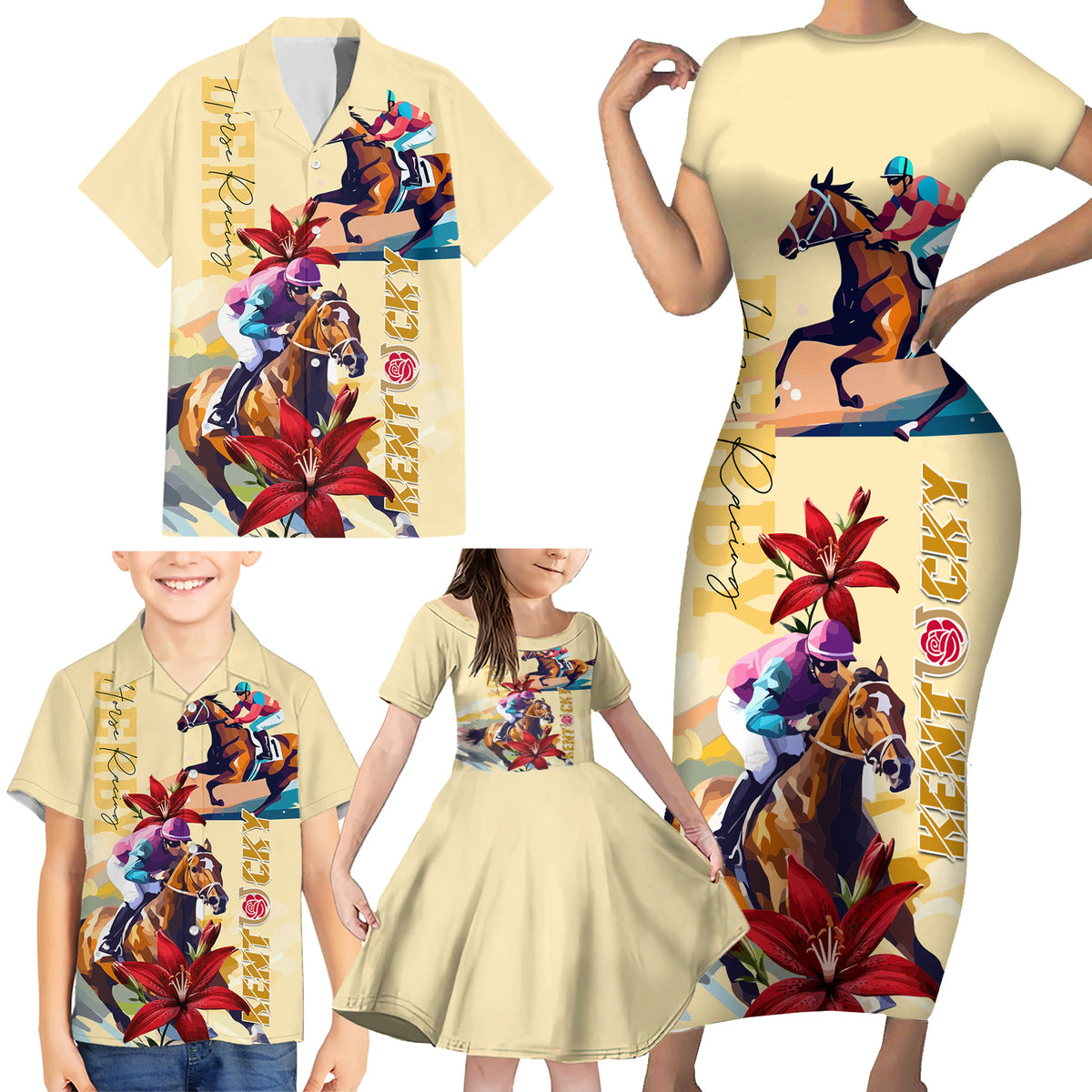 Kentucky Family Matching Short Sleeve Bodycon Dress and Hawaiian Shirt Horse Racing Lily Stargazer - Wonder Print Shop