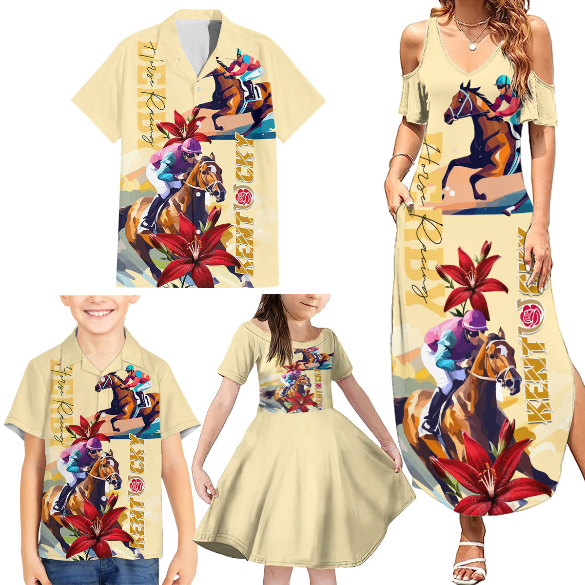 Kentucky Family Matching Summer Maxi Dress and Hawaiian Shirt Horse Racing Lily Stargazer - Wonder Print Shop