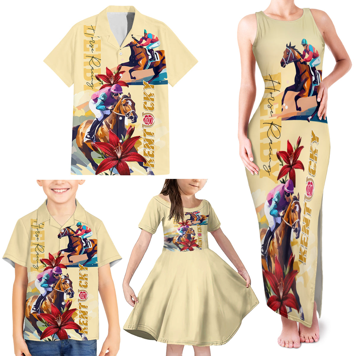 Kentucky Family Matching Tank Maxi Dress and Hawaiian Shirt Horse Racing Lily Stargazer - Wonder Print Shop