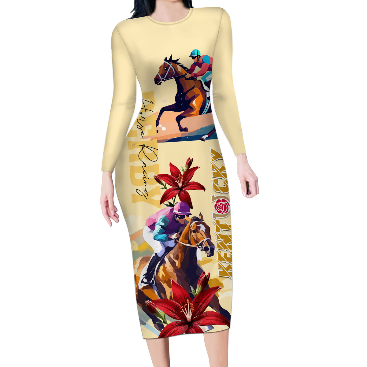 Kentucky Long Sleeve Bodycon Dress Horse Racing Lily Stargazer - Wonder Print Shop