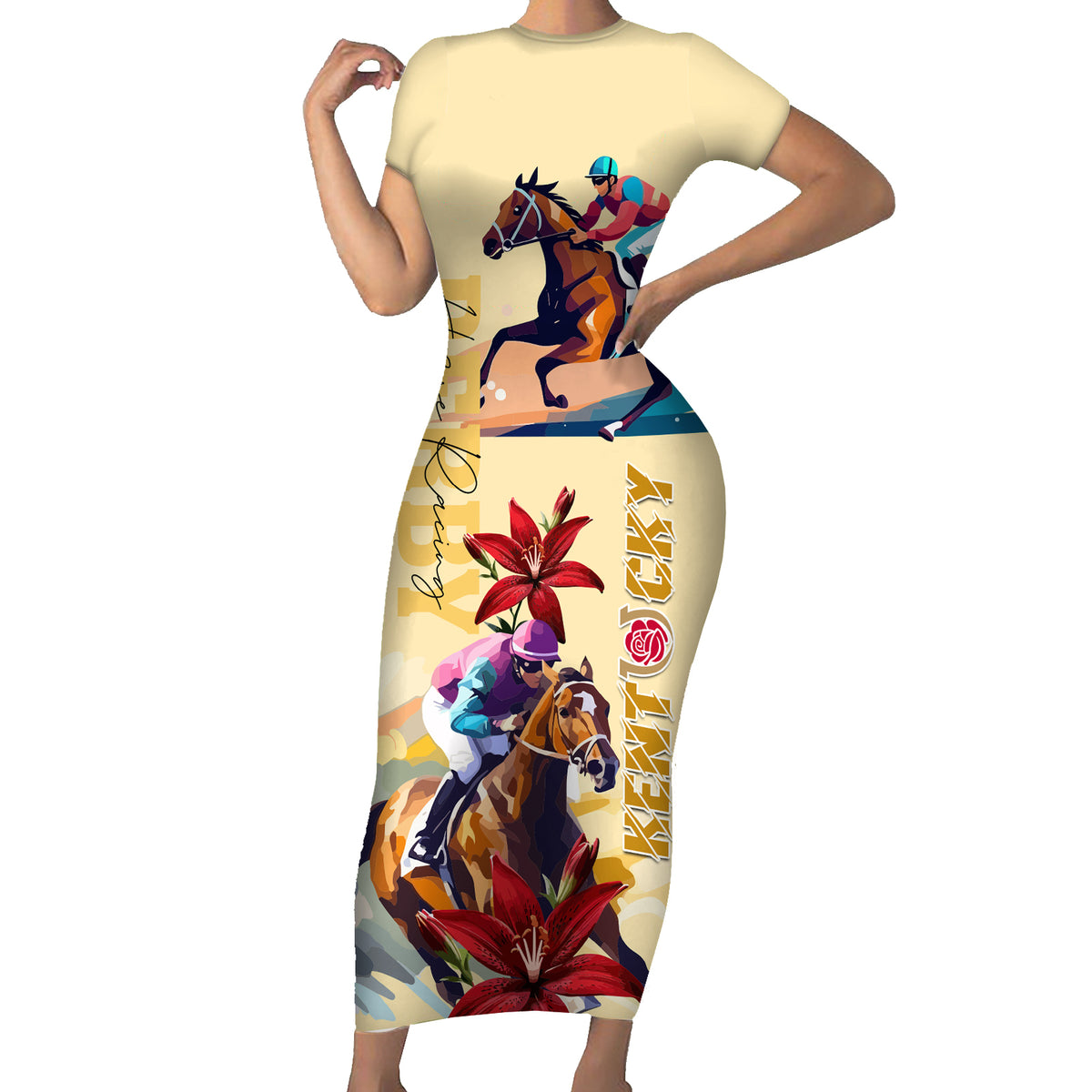 Kentucky Short Sleeve Bodycon Dress Horse Racing Lily Stargazer - Wonder Print Shop