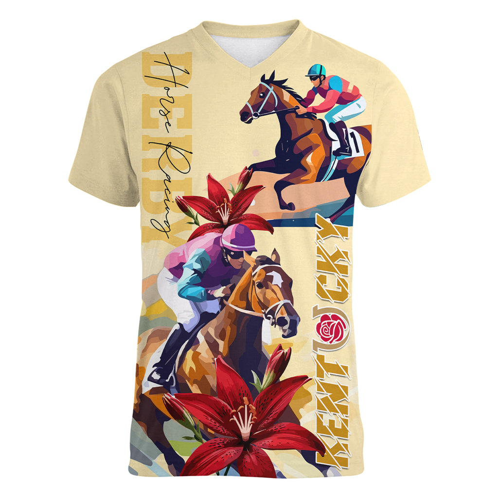 Kentucky Women V Neck T Shirt Horse Racing Lily Stargazer - Wonder Print Shop