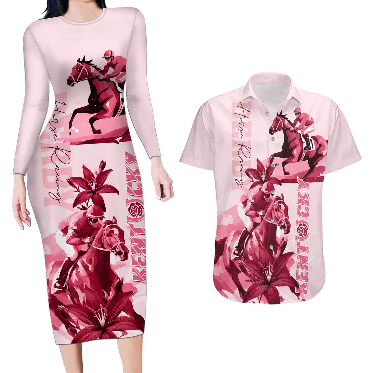 Kentucky Couples Matching Long Sleeve Bodycon Dress and Hawaiian Shirt Horse Racing Lily Stargazer Pink Version - Wonder Print Shop