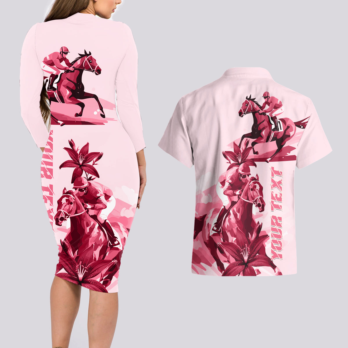 Kentucky Couples Matching Long Sleeve Bodycon Dress and Hawaiian Shirt Horse Racing Lily Stargazer Pink Version - Wonder Print Shop