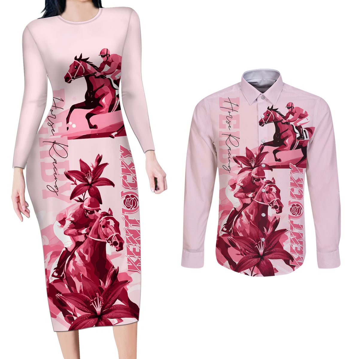 Kentucky Couples Matching Long Sleeve Bodycon Dress and Long Sleeve Button Shirt Horse Racing Lily Stargazer Pink Version - Wonder Print Shop