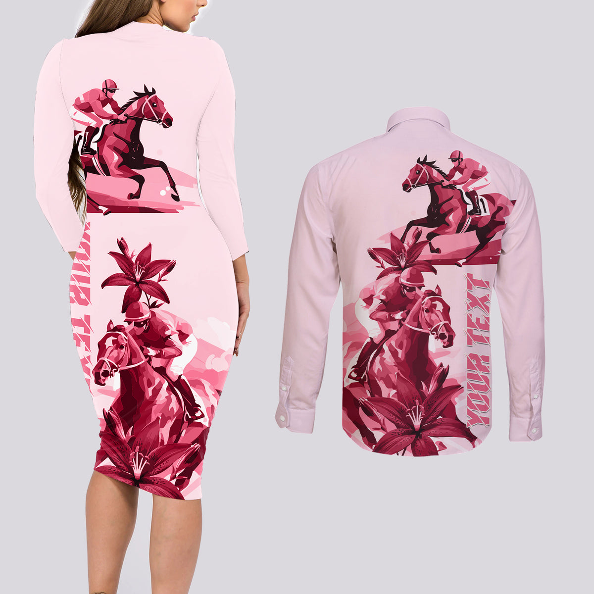 Kentucky Couples Matching Long Sleeve Bodycon Dress and Long Sleeve Button Shirt Horse Racing Lily Stargazer Pink Version - Wonder Print Shop