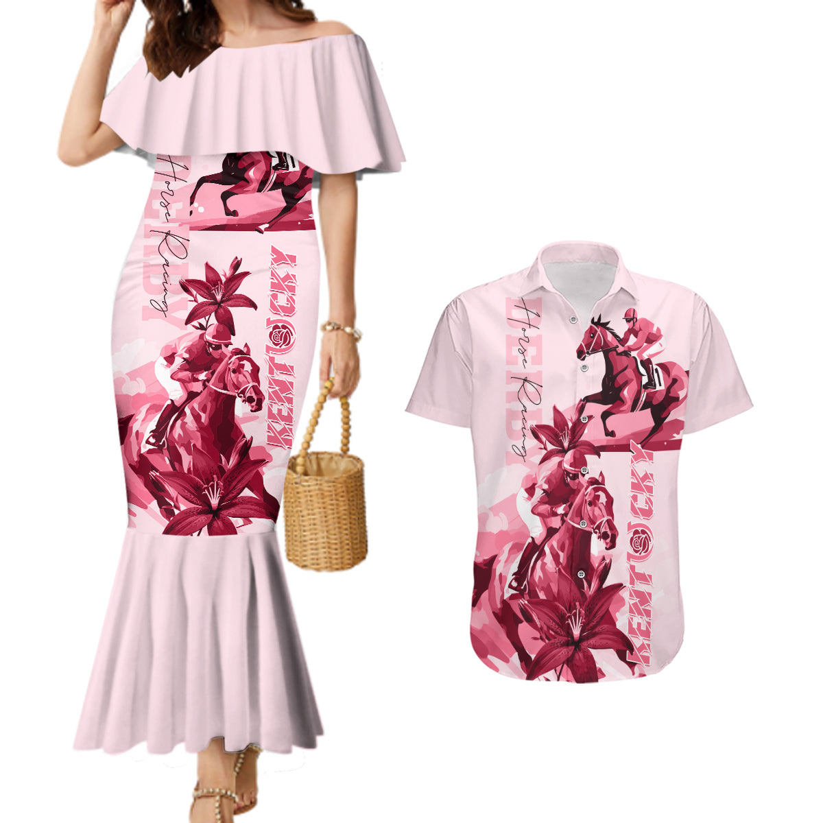 Kentucky Couples Matching Mermaid Dress and Hawaiian Shirt Horse Racing Lily Stargazer Pink Version - Wonder Print Shop