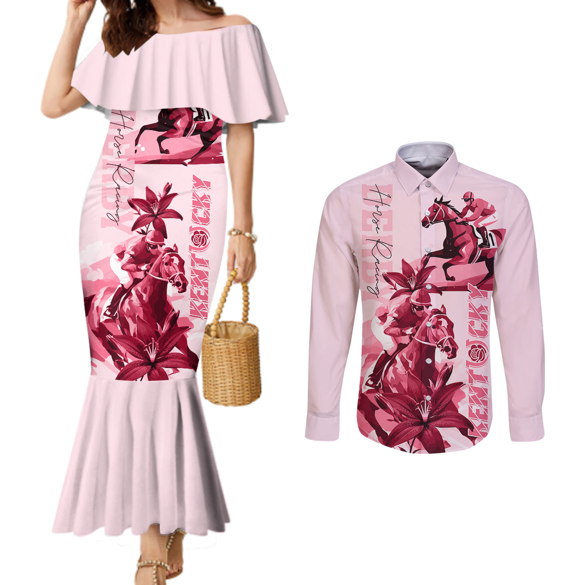 Kentucky Derby Couples Matching Mermaid Dress and Long Sleeve Button Shirt Horse Racing Lily Stargazer Pink Version