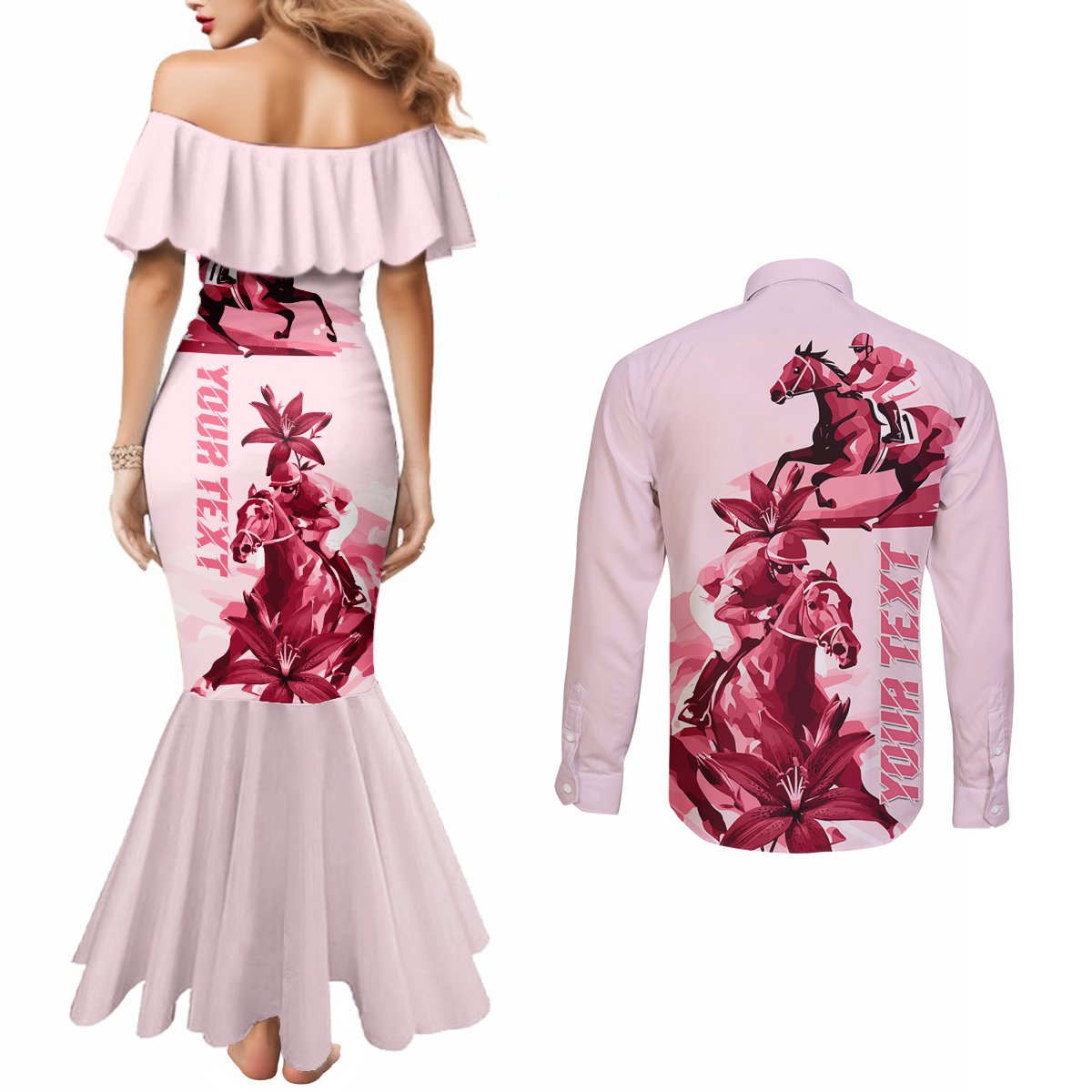 Kentucky Derby Couples Matching Mermaid Dress and Long Sleeve Button Shirt Horse Racing Lily Stargazer Pink Version
