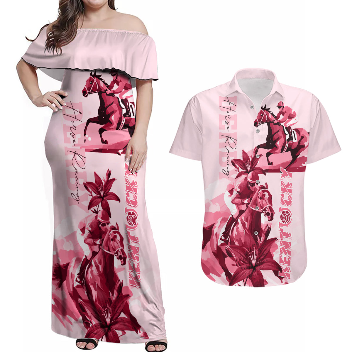 Kentucky Couples Matching Off Shoulder Maxi Dress and Hawaiian Shirt Horse Racing Lily Stargazer Pink Version - Wonder Print Shop