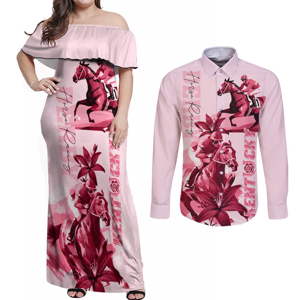 Kentucky Couples Matching Off Shoulder Maxi Dress and Long Sleeve Button Shirt Horse Racing Lily Stargazer Pink Version - Wonder Print Shop