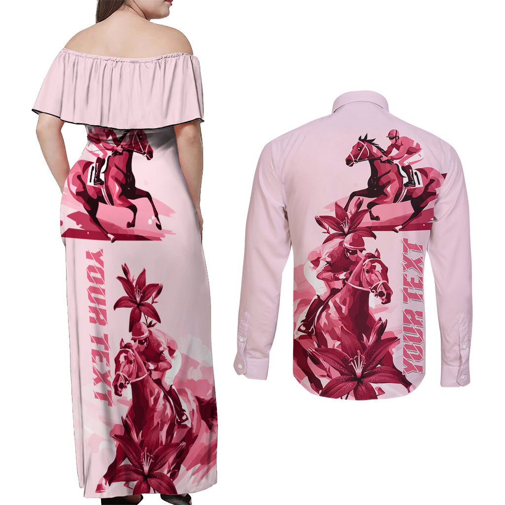Kentucky Couples Matching Off Shoulder Maxi Dress and Long Sleeve Button Shirt Horse Racing Lily Stargazer Pink Version - Wonder Print Shop