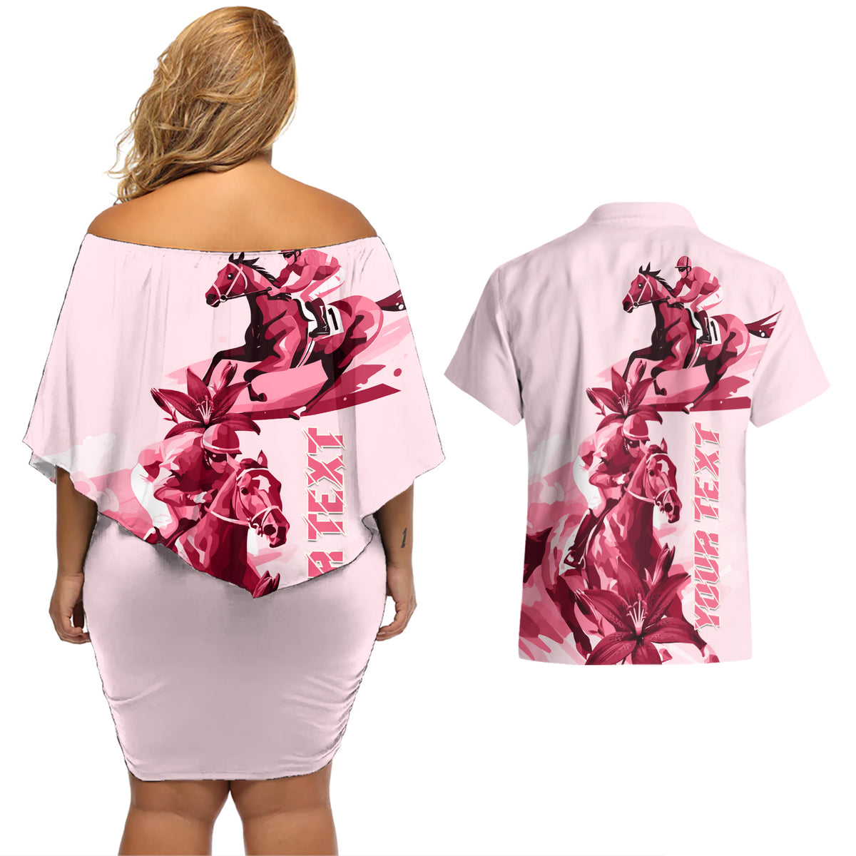 Kentucky Couples Matching Off Shoulder Short Dress and Hawaiian Shirt Horse Racing Lily Stargazer Pink Version - Wonder Print Shop