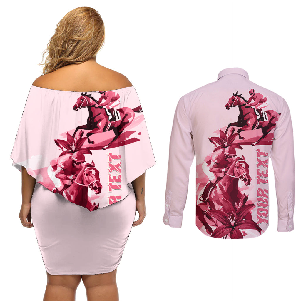 Kentucky Couples Matching Off Shoulder Short Dress and Long Sleeve Button Shirt Horse Racing Lily Stargazer Pink Version - Wonder Print Shop