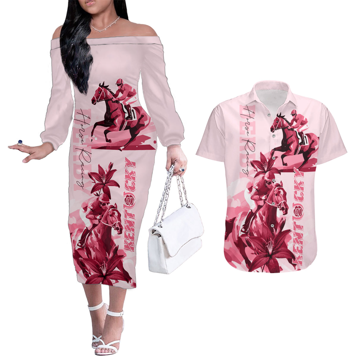 Kentucky Couples Matching Off The Shoulder Long Sleeve Dress and Hawaiian Shirt Horse Racing Lily Stargazer Pink Version - Wonder Print Shop