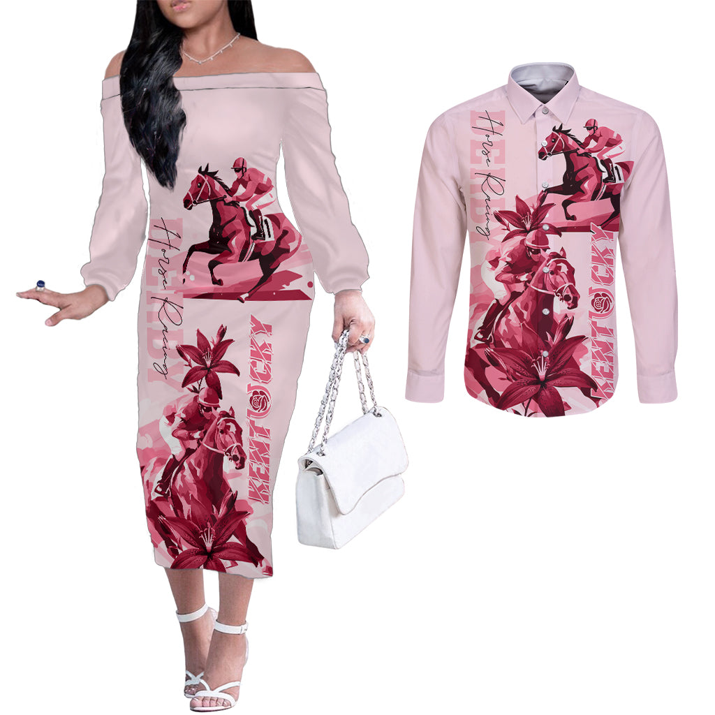 Kentucky Derby Couples Matching Off The Shoulder Long Sleeve Dress and Long Sleeve Button Shirt Horse Racing Lily Stargazer Pink Version