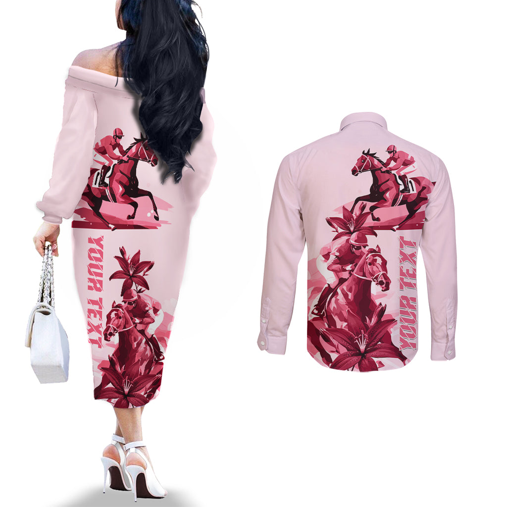 Kentucky Derby Couples Matching Off The Shoulder Long Sleeve Dress and Long Sleeve Button Shirt Horse Racing Lily Stargazer Pink Version