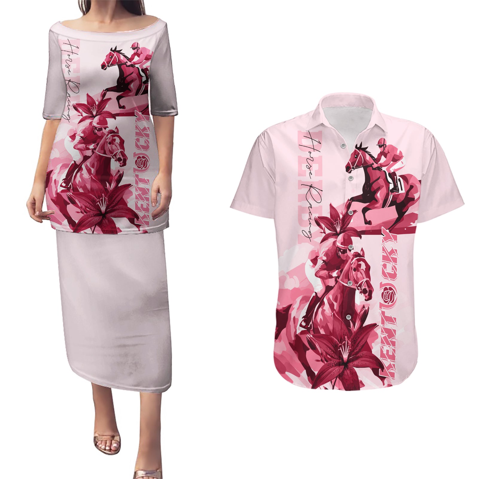 Kentucky Couples Matching Puletasi and Hawaiian Shirt Horse Racing Lily Stargazer Pink Version - Wonder Print Shop