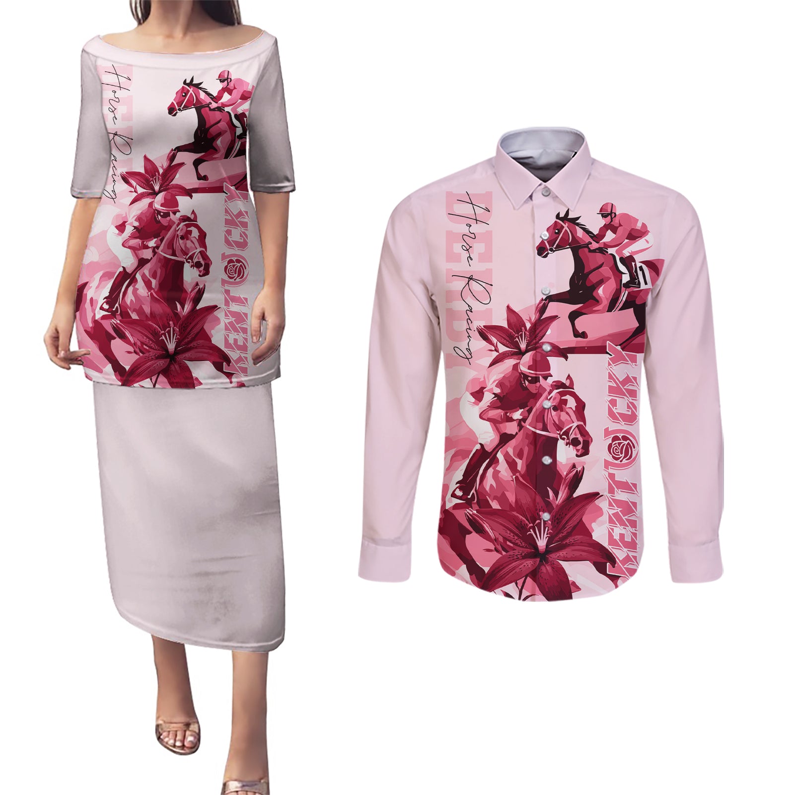 Kentucky Couples Matching Puletasi and Long Sleeve Button Shirt Horse Racing Lily Stargazer Pink Version - Wonder Print Shop