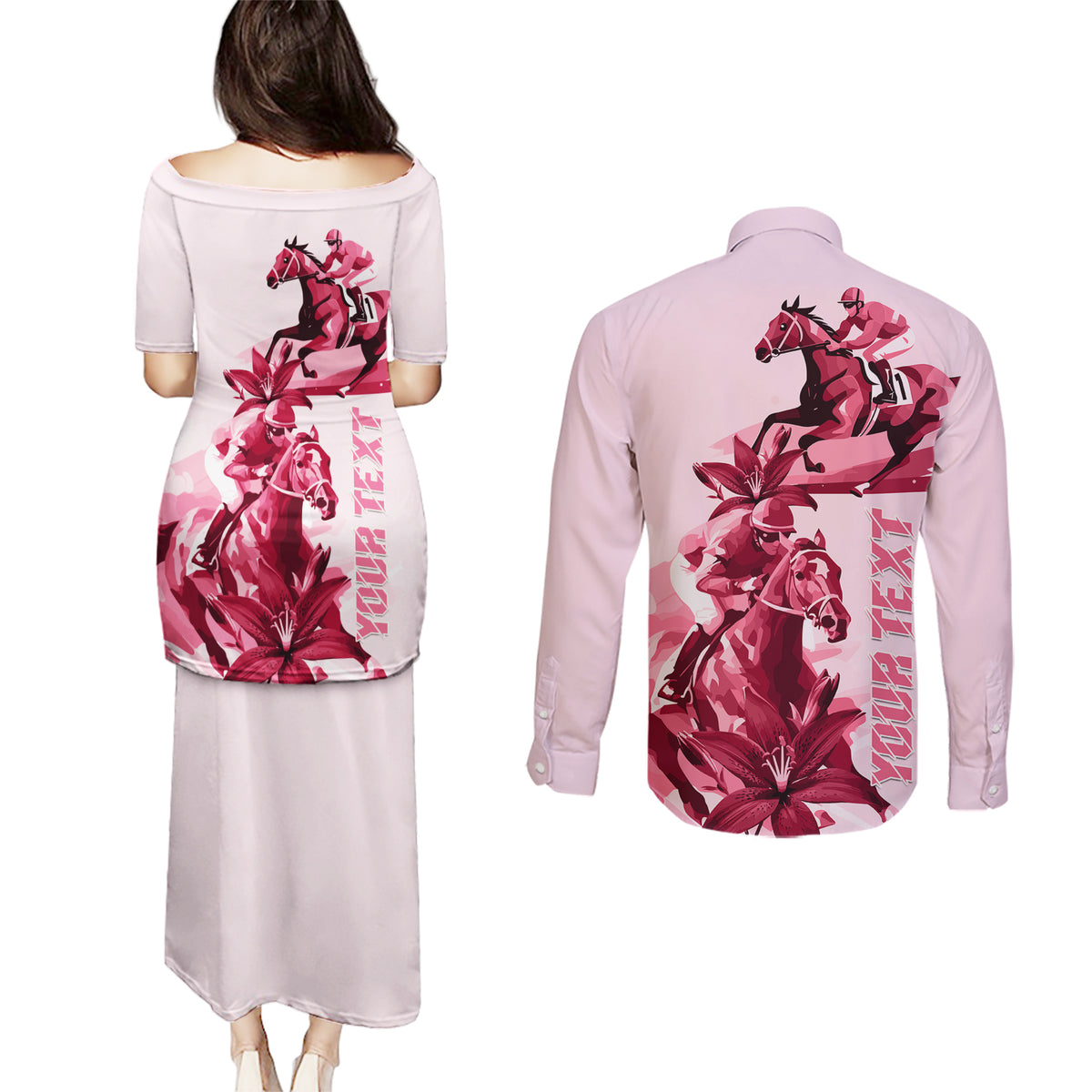 Kentucky Couples Matching Puletasi and Long Sleeve Button Shirt Horse Racing Lily Stargazer Pink Version - Wonder Print Shop