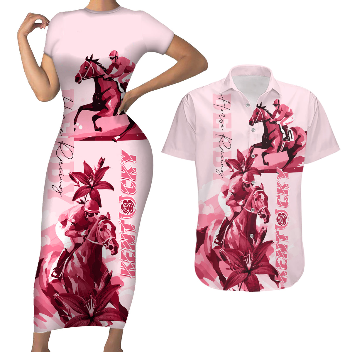 Kentucky Couples Matching Short Sleeve Bodycon Dress and Hawaiian Shirt Horse Racing Lily Stargazer Pink Version - Wonder Print Shop