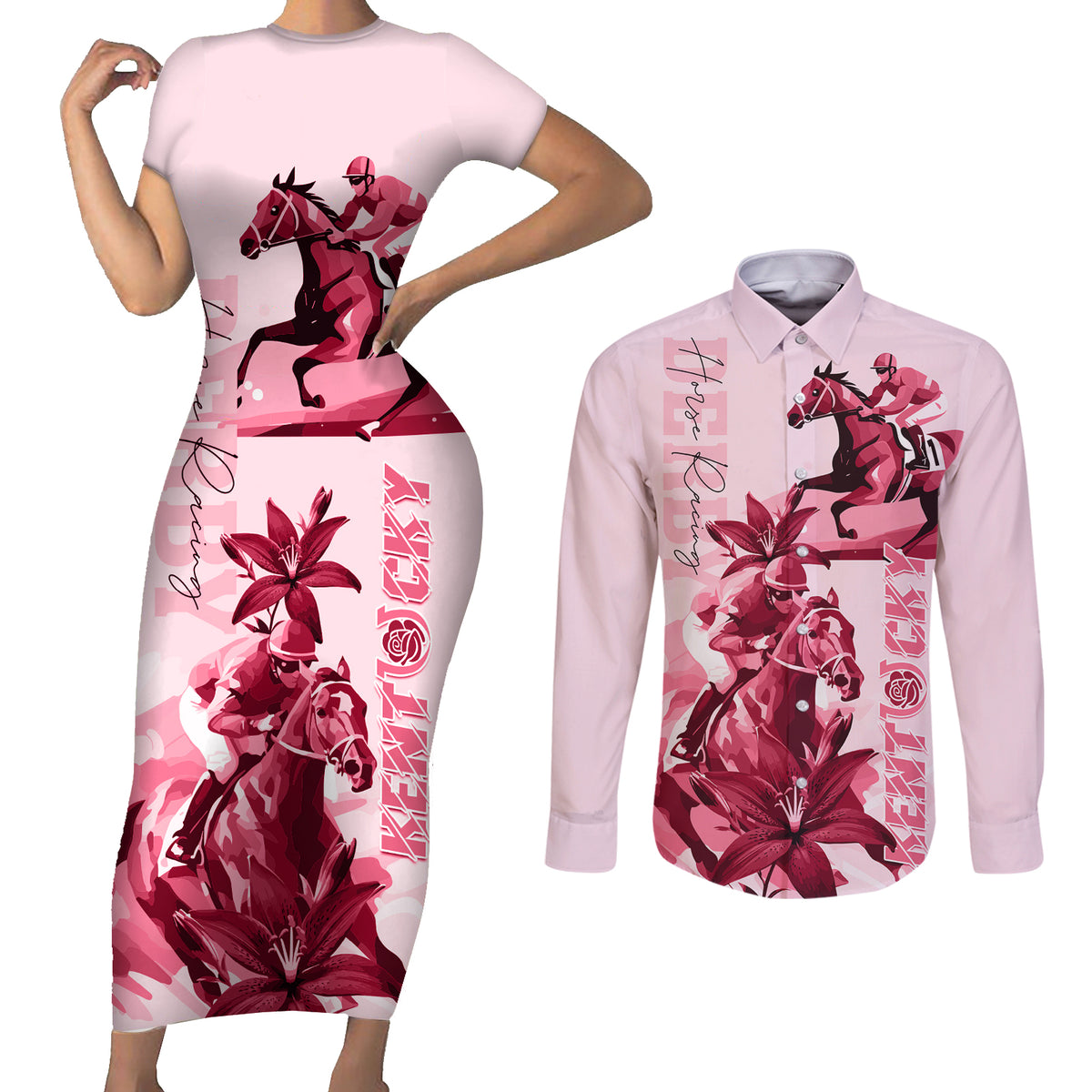 Kentucky Couples Matching Short Sleeve Bodycon Dress and Long Sleeve Button Shirt Horse Racing Lily Stargazer Pink Version - Wonder Print Shop