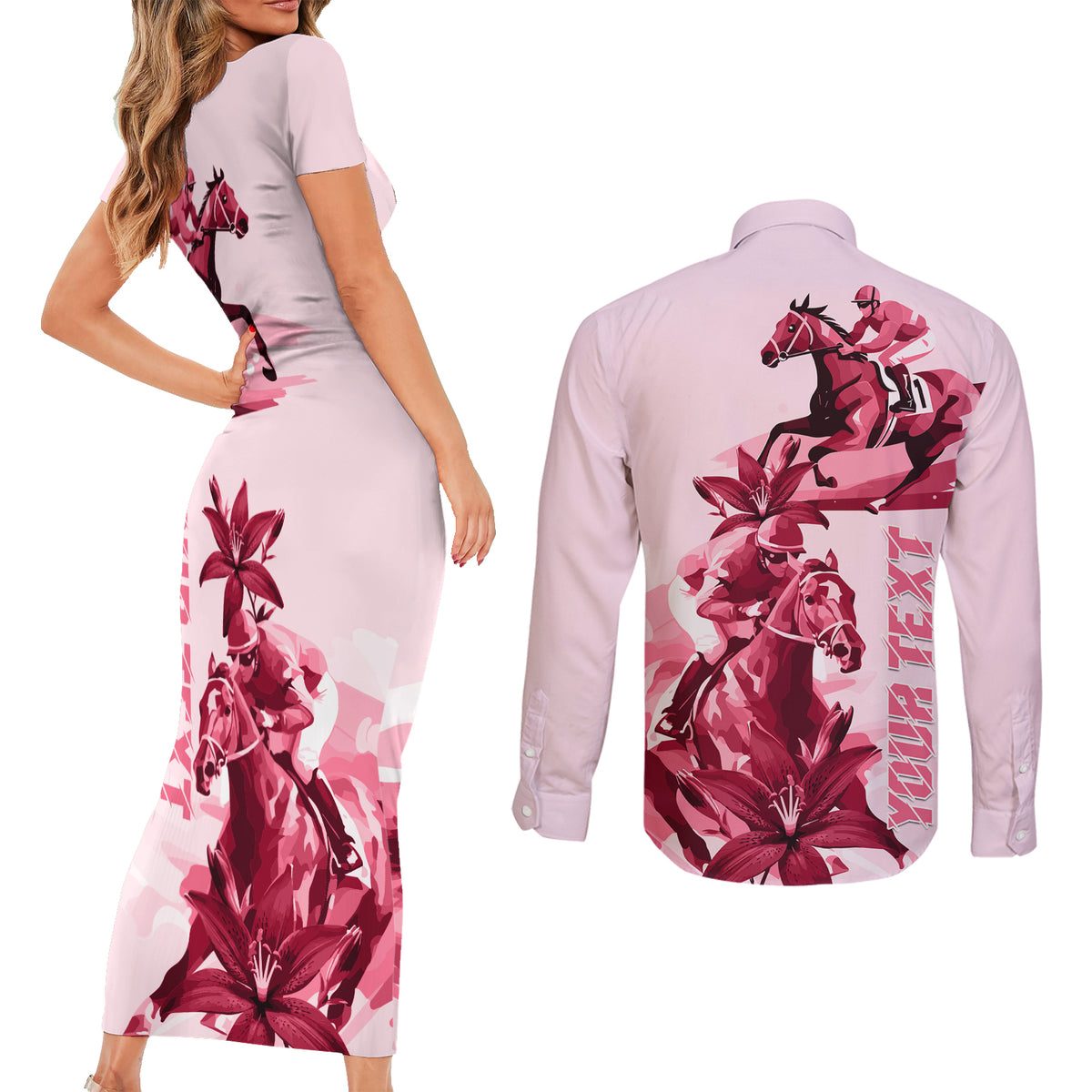 Kentucky Couples Matching Short Sleeve Bodycon Dress and Long Sleeve Button Shirt Horse Racing Lily Stargazer Pink Version - Wonder Print Shop