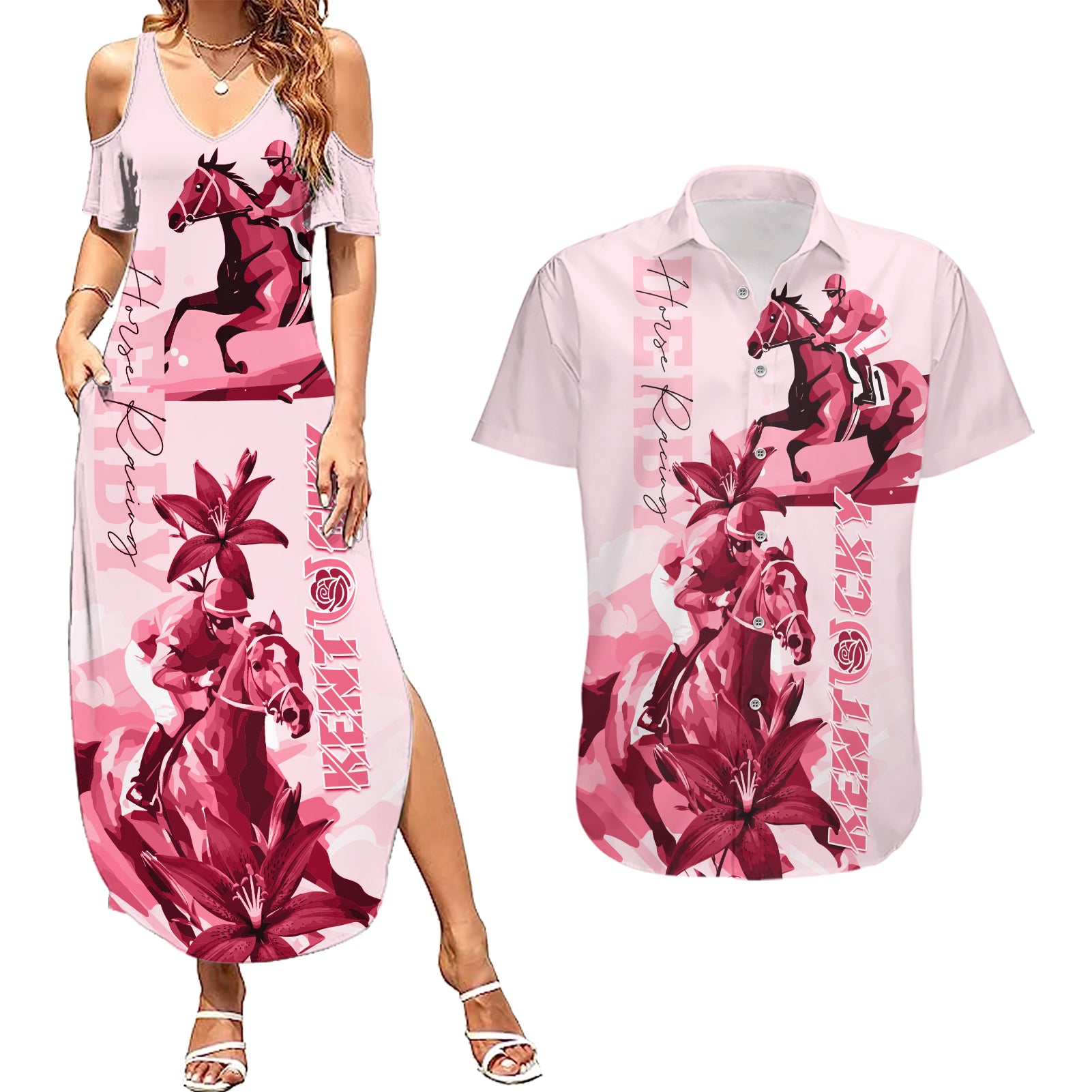 Kentucky Couples Matching Summer Maxi Dress and Hawaiian Shirt Horse Racing Lily Stargazer Pink Version - Wonder Print Shop