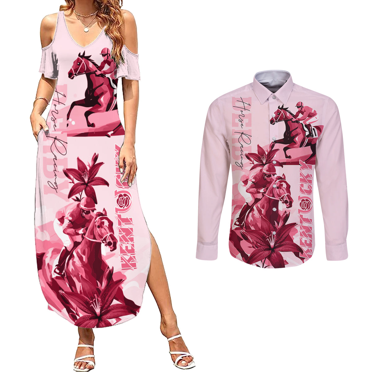 Kentucky Couples Matching Summer Maxi Dress and Long Sleeve Button Shirt Horse Racing Lily Stargazer Pink Version - Wonder Print Shop